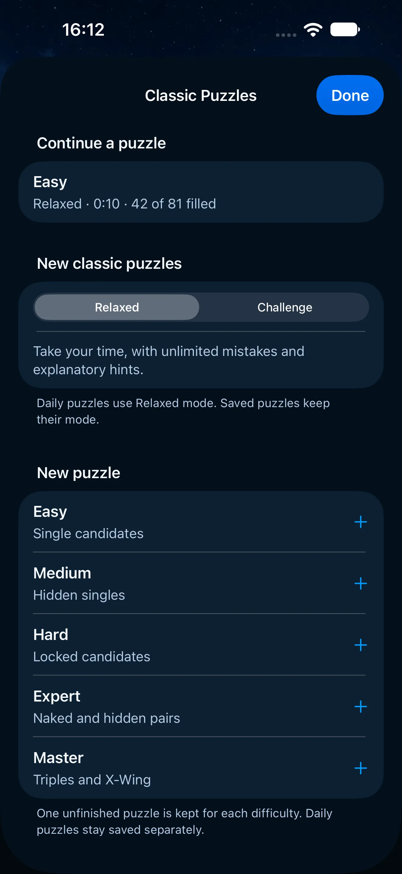 The same Classic Puzzles sheet in the dark theme, Relaxed selected and the difficulties listed on a deep blue background.