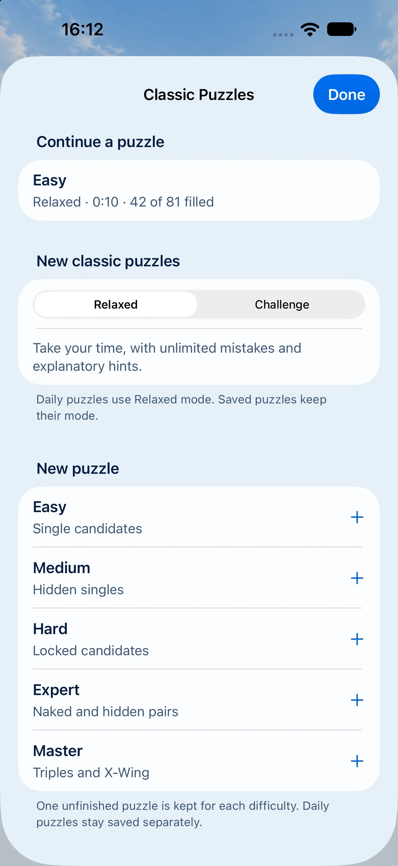 The Classic Puzzles sheet in the light theme: an easy puzzle to continue, Relaxed and Challenge to choose between, and Easy through Master listed with the technique each one needs.