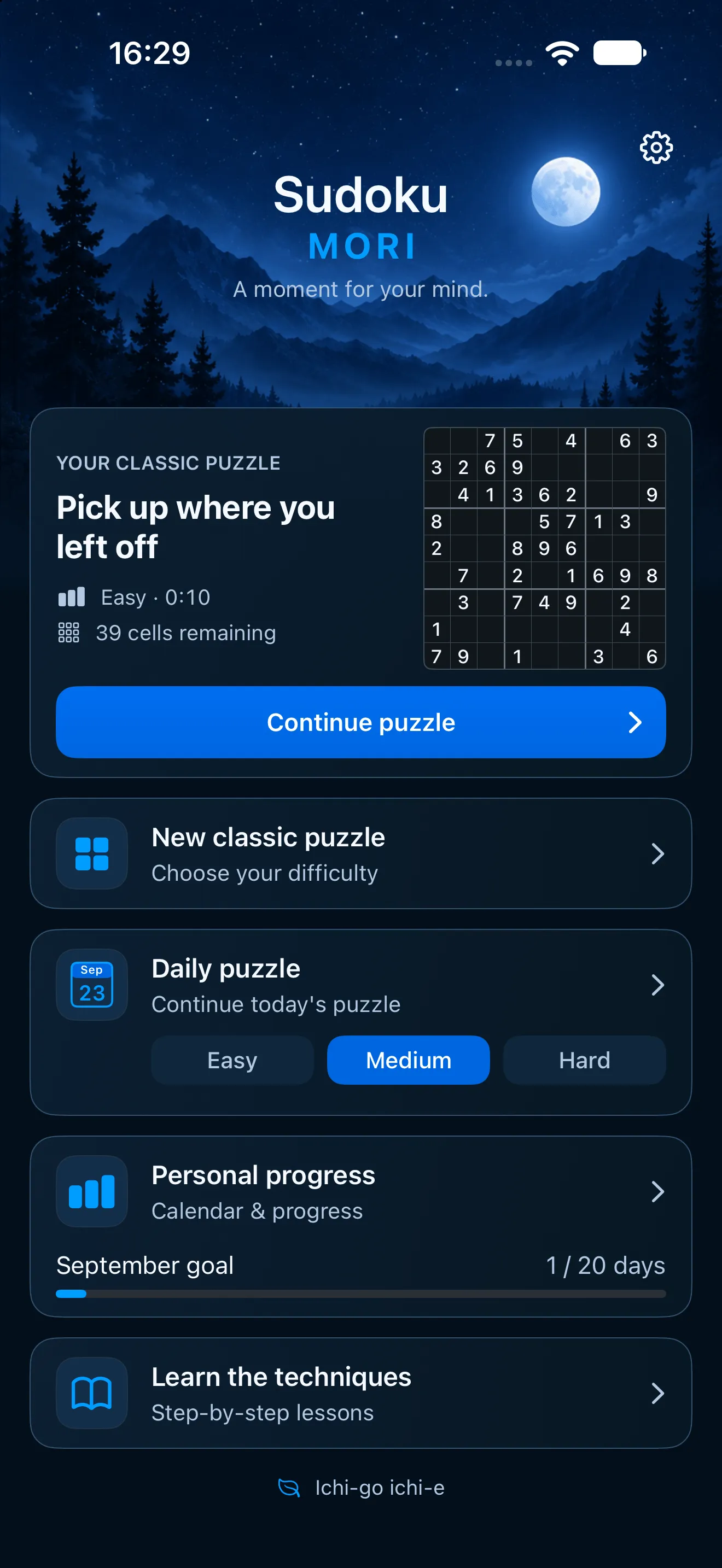 The same home screen in the dark theme, the mountains under a night sky and a full moon, with the cards on a deep blue background.