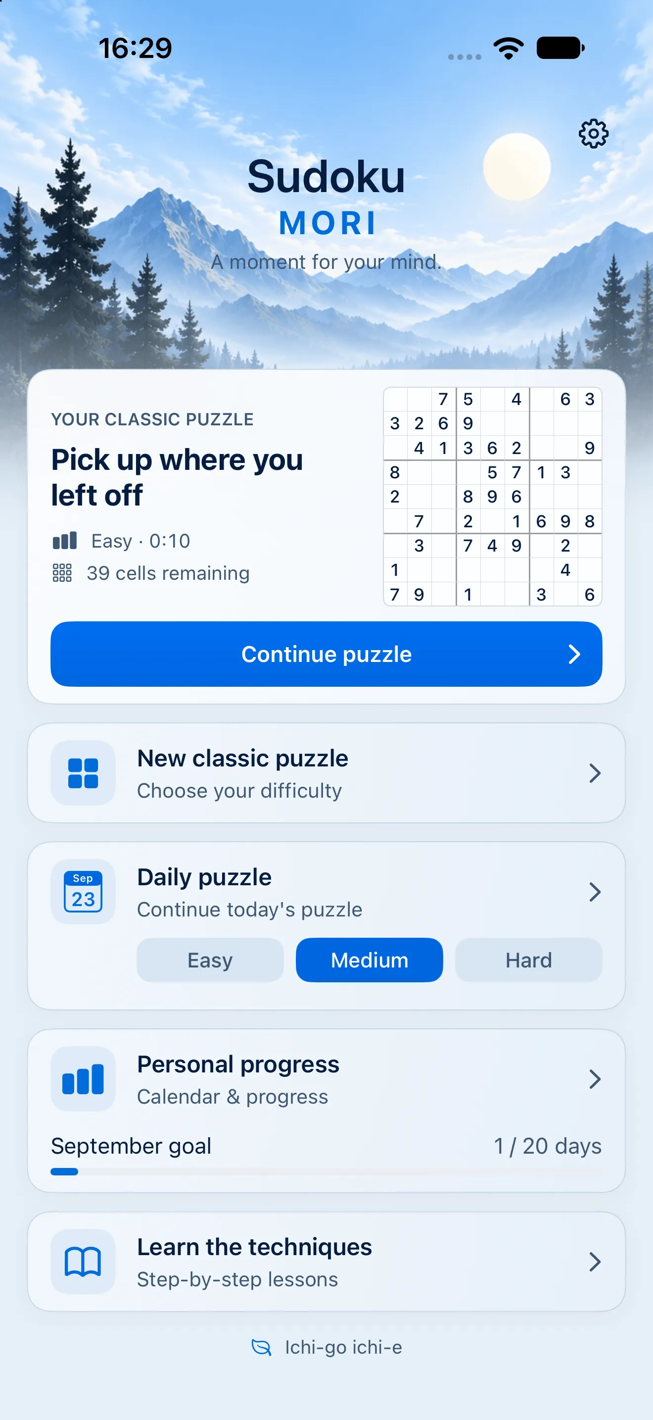The Sudoku Mori home screen in the light theme: misty mountains and pine trees under the title, an easy classic puzzle to pick up where you left off with 39 cells remaining, then cards for a new classic puzzle, the daily puzzle with Easy, Medium and Hard, personal progress at 1 of 20 days for September, and the technique lessons.