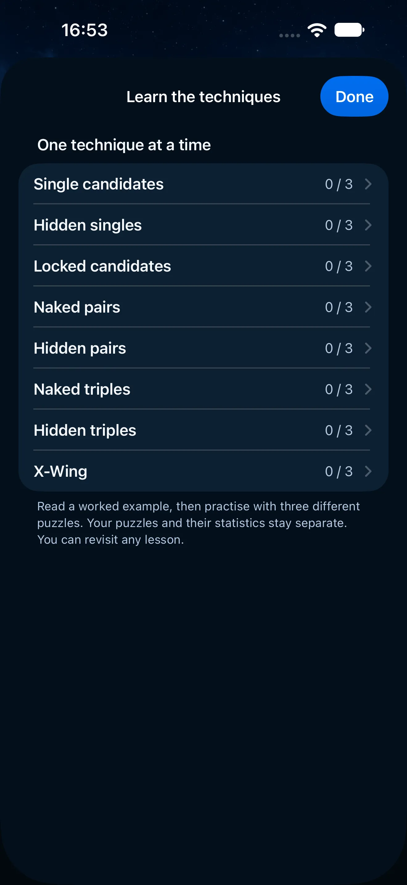 The same list of techniques in the dark theme, each row a card on a dark background.
