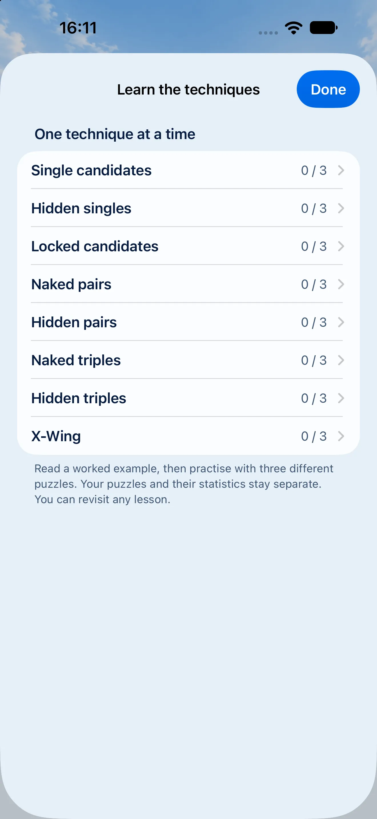The Learn the techniques sheet in the light theme, listing single candidates, hidden singles, locked candidates, naked and hidden pairs and triples and X-Wing, each with its own count of three puzzles, none of them started yet.