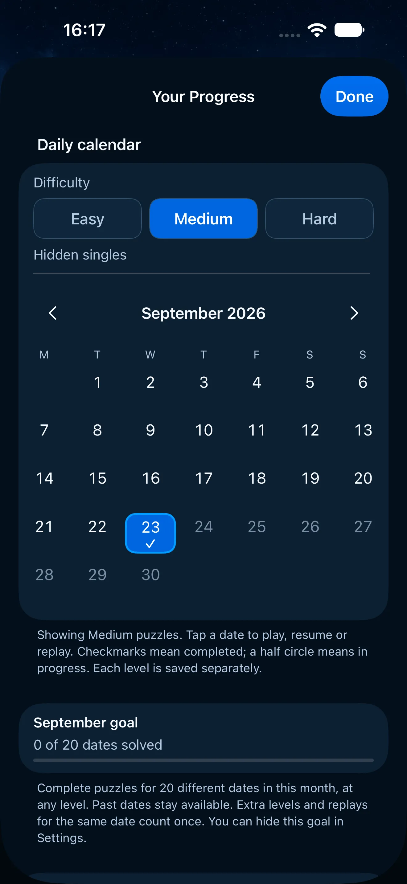 The Your Progress sheet in the dark theme: the daily calendar for September 2026 at medium difficulty, today's date ticked, and a September goal of 0 of 20 dates solved.