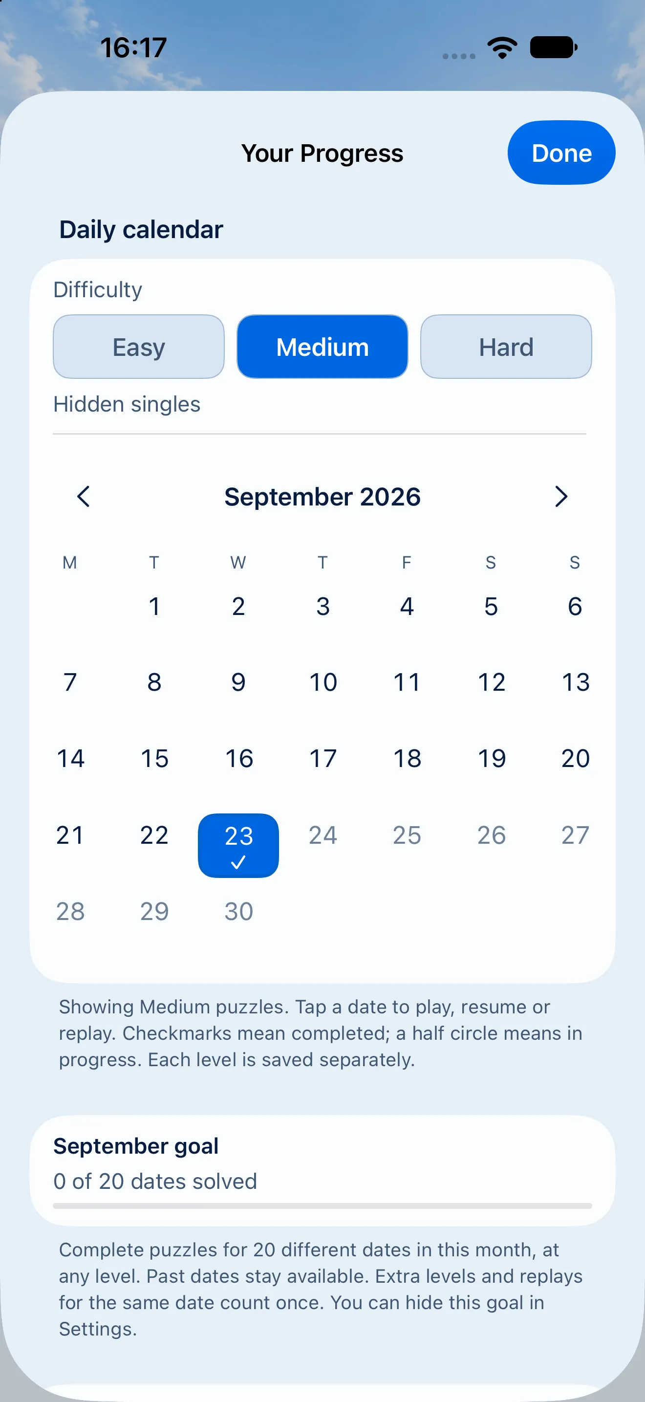 The Your Progress sheet in the light theme: the daily calendar for September 2026 at medium difficulty, today's date ticked, and a September goal of 0 of 20 dates solved.