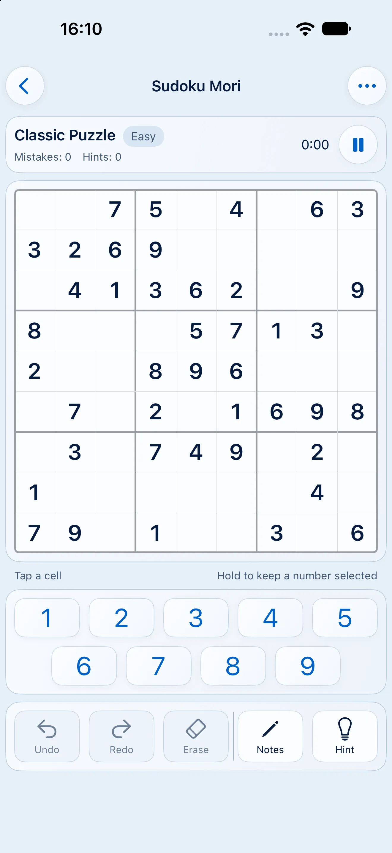 An easy classic puzzle in the light theme, the timer at zero with no mistakes or hints, the keypad of one to nine under the board, and undo, redo, erase, notes and hint below it.
