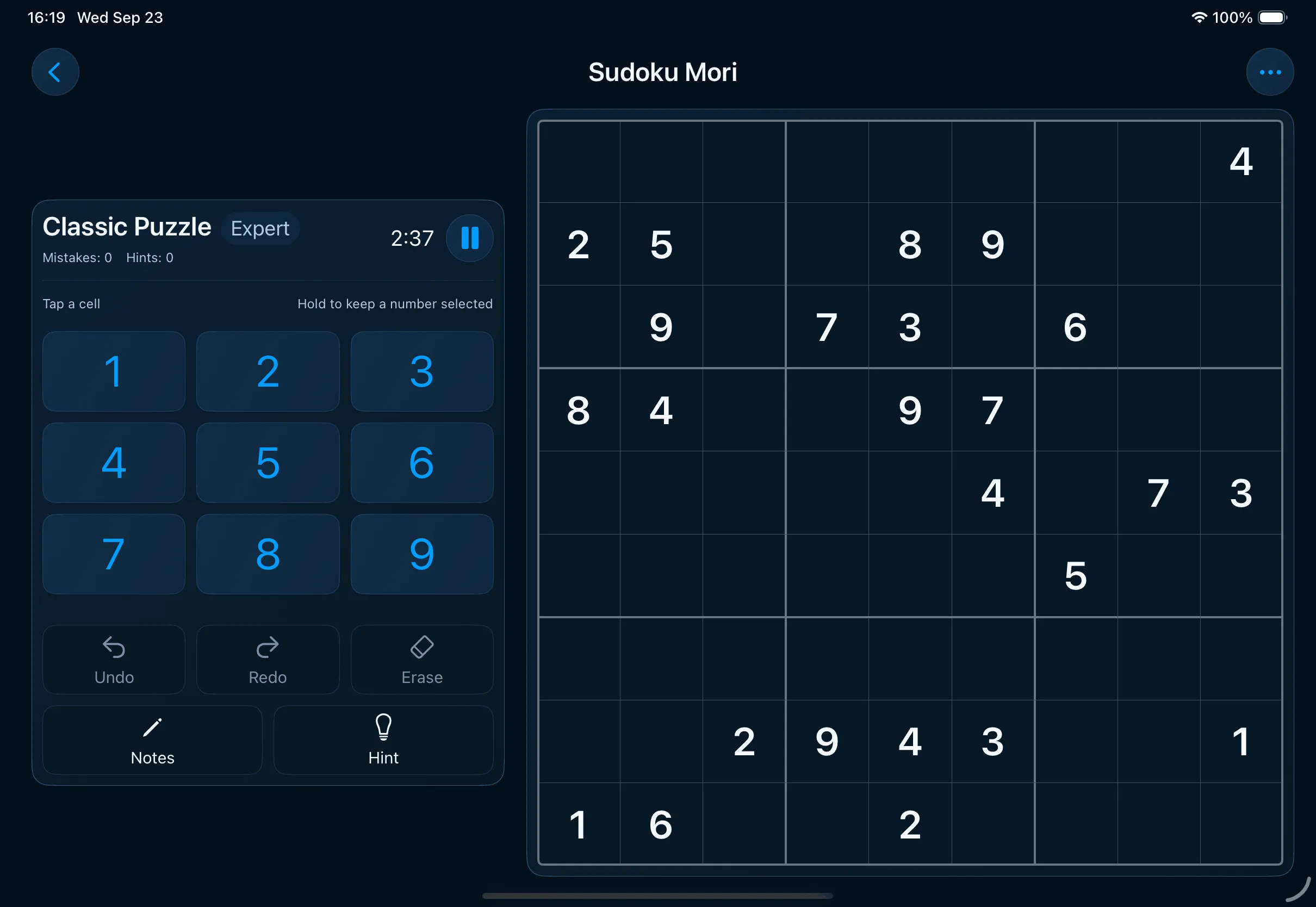 The same left-handed iPad layout in the dark theme, board and controls on a deep blue background.